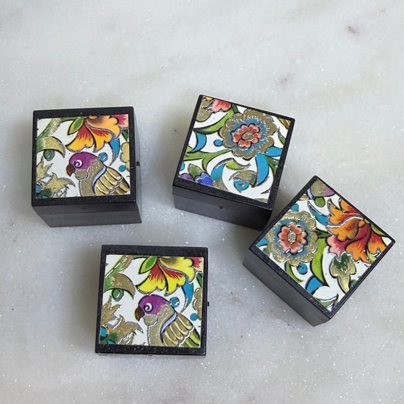 Other - Black Floral Bird Trinket Boxes Set of 4 Mini Square Plastic Containers Decor